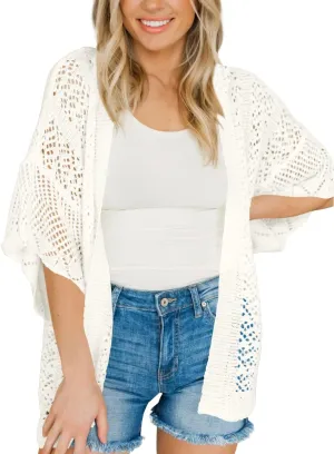 Coololi Women's Crochet Open Front Cardigan 3/4 Bell Sleeve Soft Oversized Knitted Sweater Outerwear Cover Up Coat