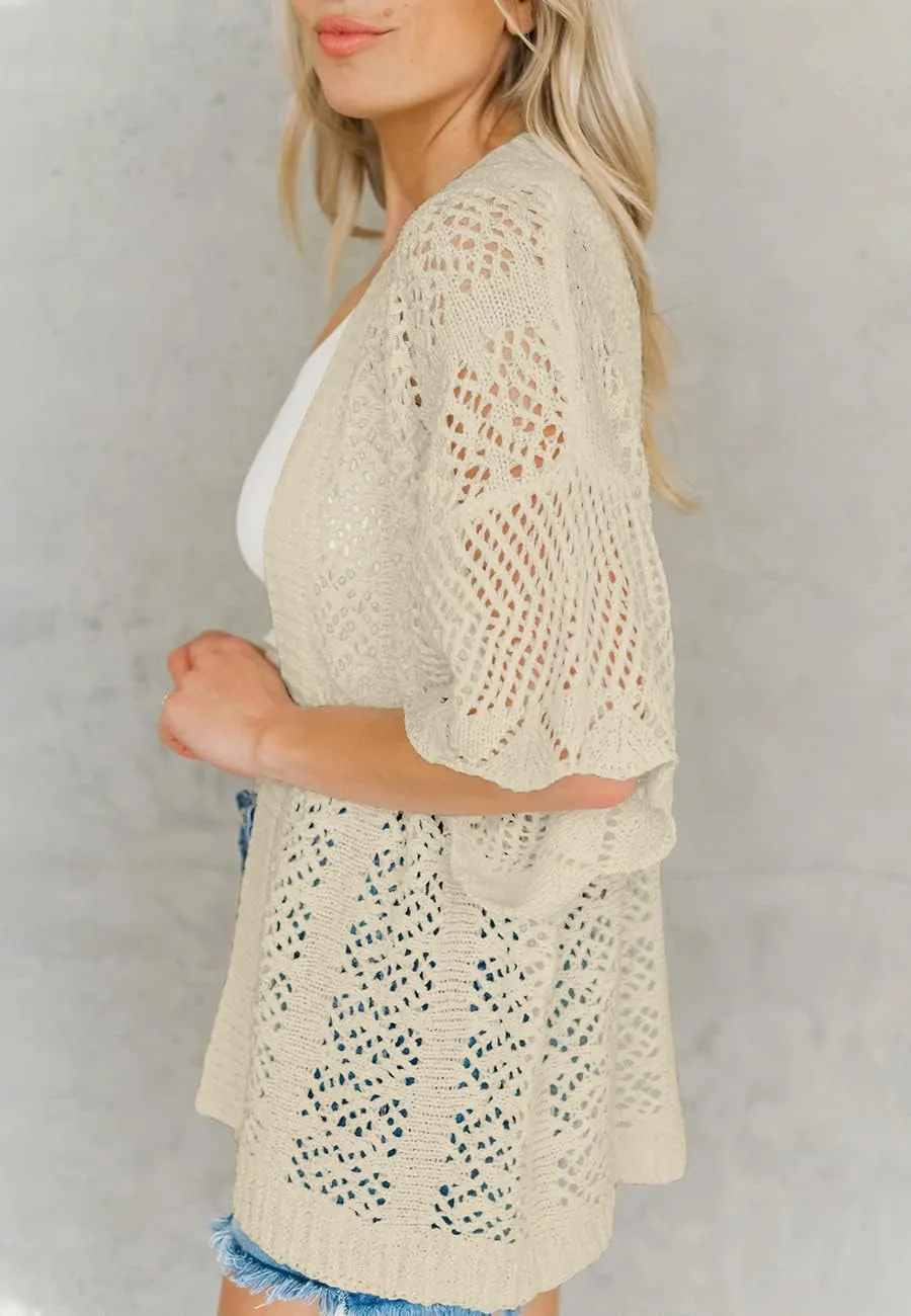 Coololi Women's Crochet Open Front Cardigan 3/4 Bell Sleeve Soft Oversized Knitted Sweater Outerwear Cover Up Coat