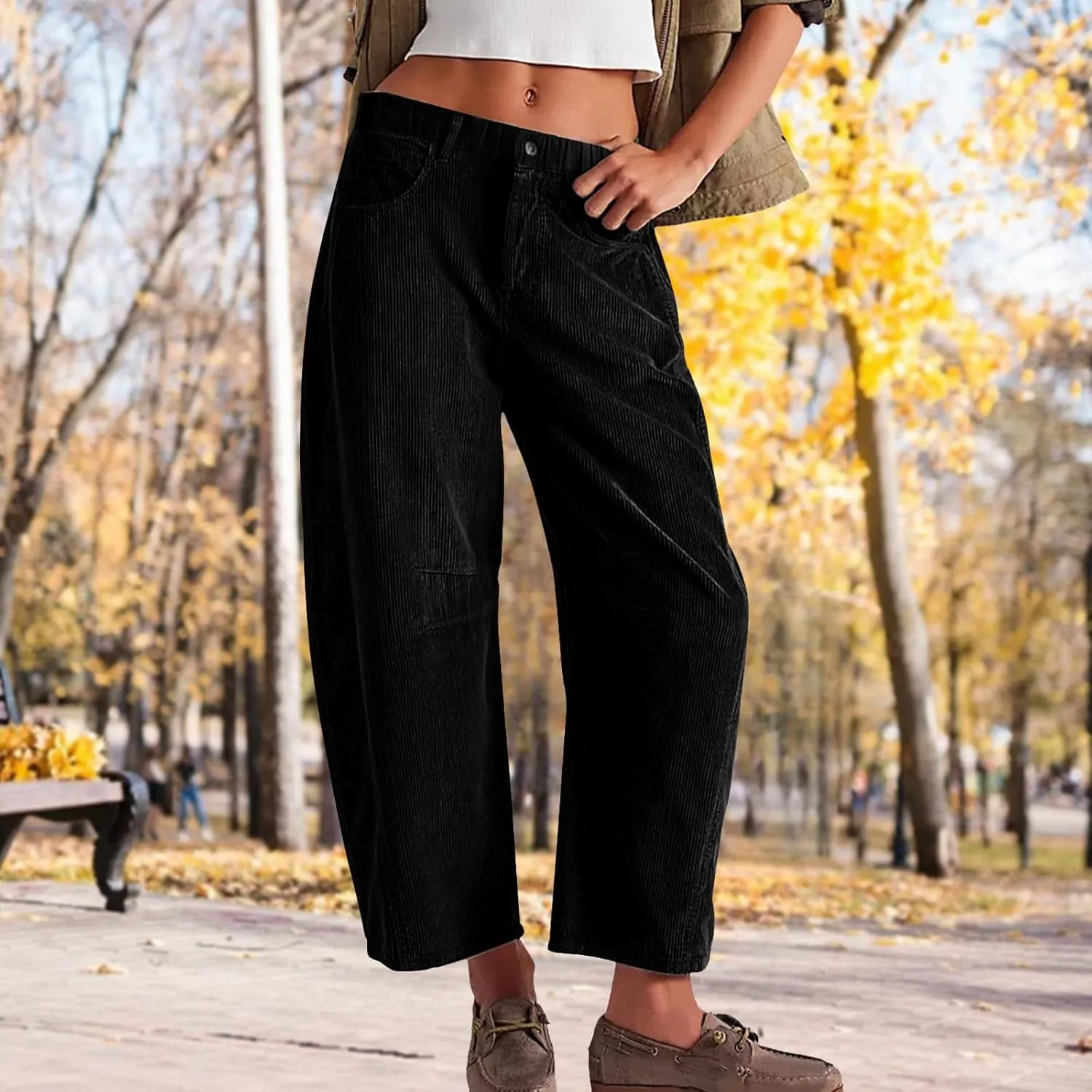 Corduroy Pants Women Wide Leg Corduroy Pants Casual Barrel Baggy Mid Rise Elastic Waist Cord Trousers