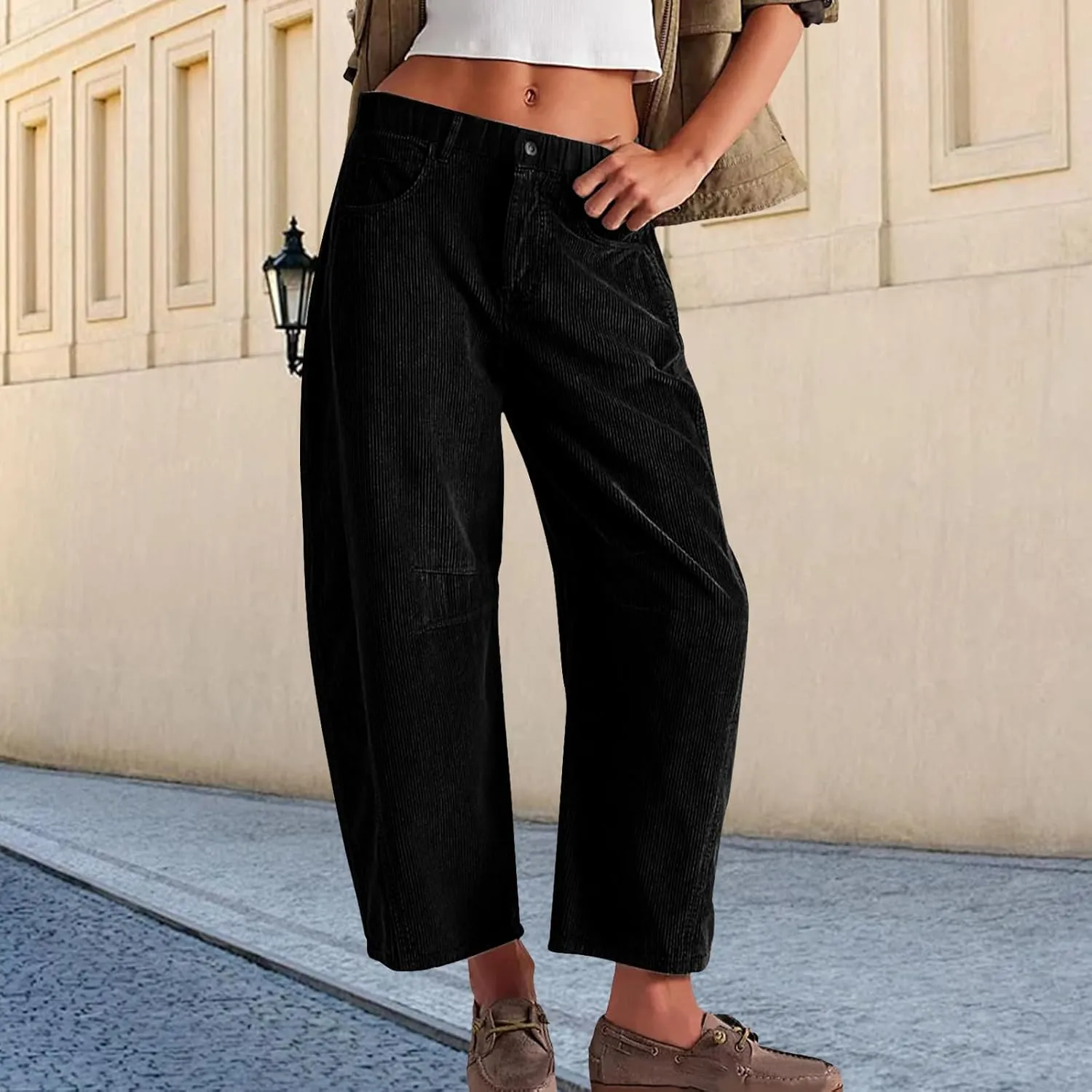 Corduroy Pants Women Wide Leg Corduroy Pants Casual Barrel Baggy Mid Rise Elastic Waist Cord Trousers