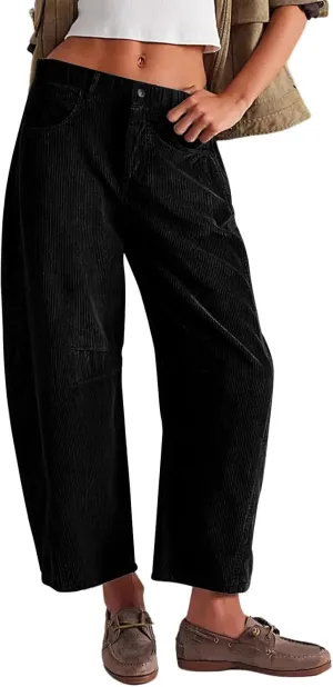 Corduroy Pants Women Wide Leg Corduroy Pants Casual Barrel Baggy Mid Rise Elastic Waist Cord Trousers