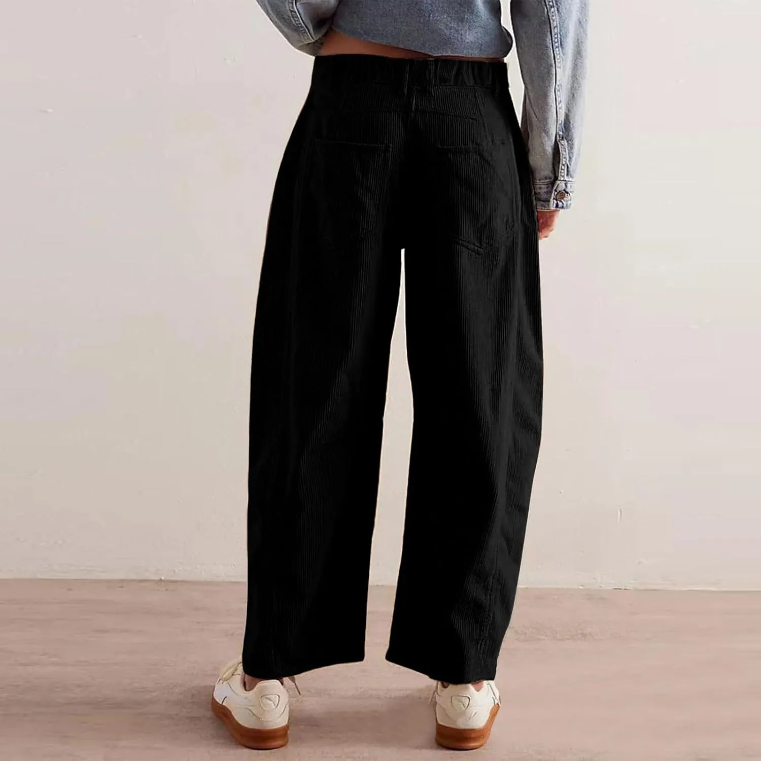 Corduroy Pants Women Wide Leg Corduroy Pants Casual Barrel Baggy Mid Rise Elastic Waist Cord Trousers