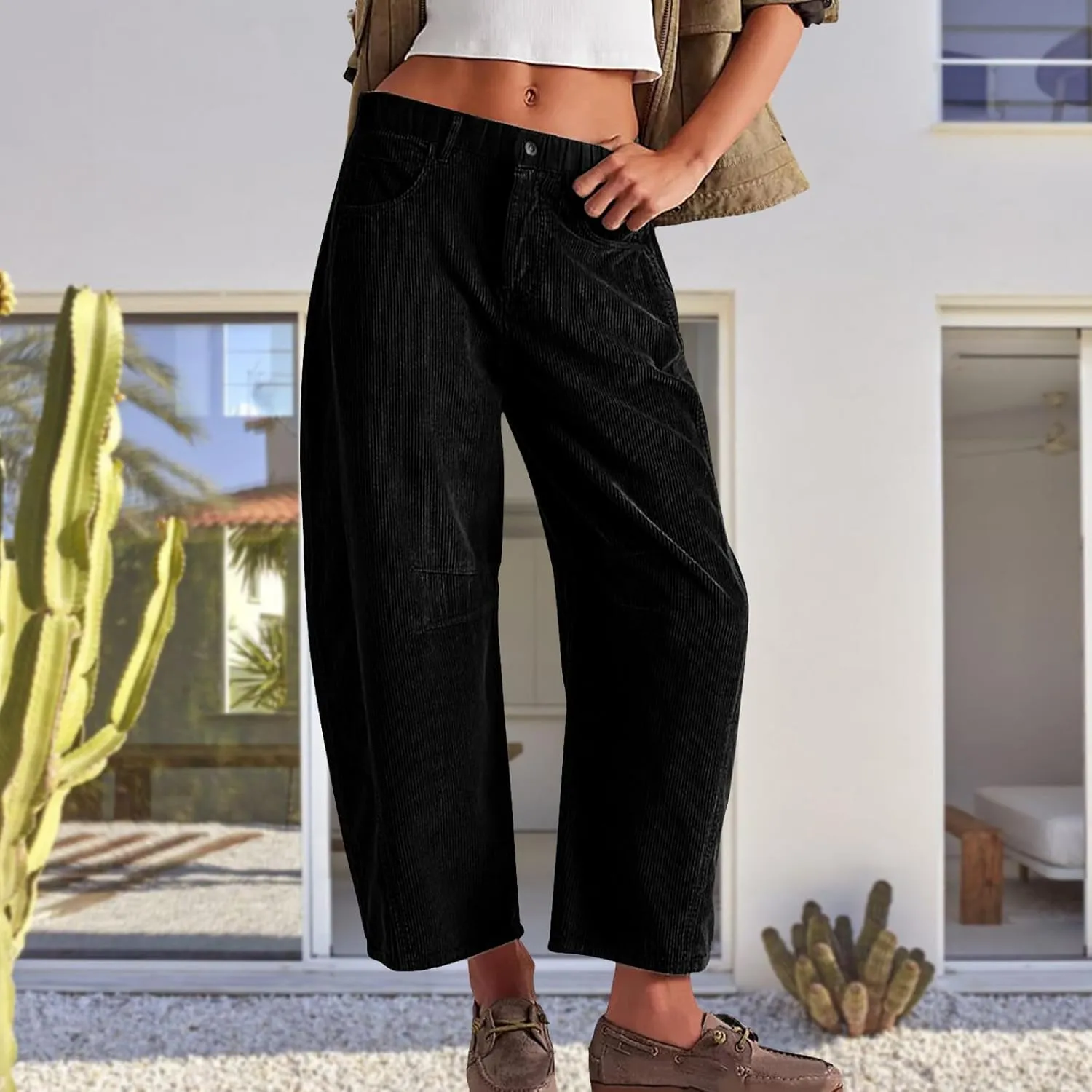 Corduroy Pants Women Wide Leg Corduroy Pants Casual Barrel Baggy Mid Rise Elastic Waist Cord Trousers