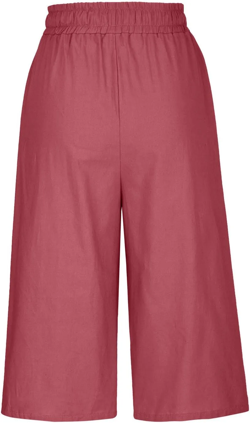 Cotton Linen Capri Pants for Women 2025 Casual Summer Drawstring Below The Knee Length Cropped Trouser with Pockets