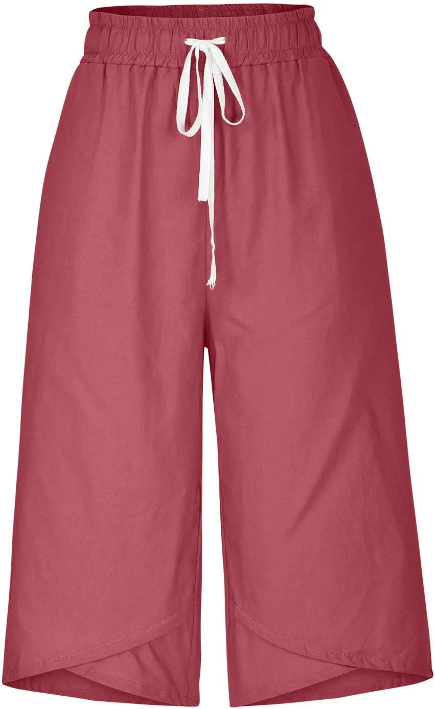 Cotton Linen Capri Pants for Women 2025 Casual Summer Drawstring Below The Knee Length Cropped Trouser with Pockets