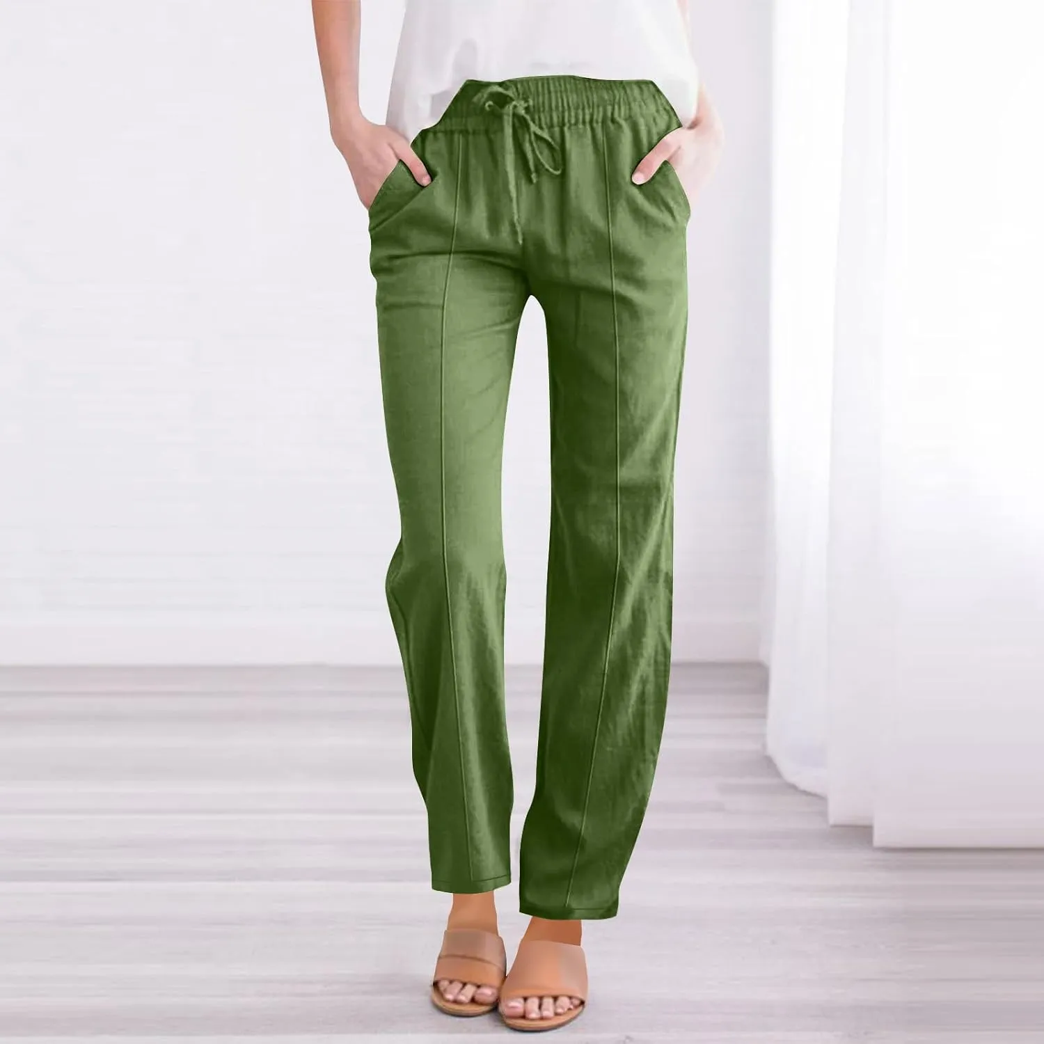 Cotton Linen Pant Women Drawstring High Waisted Dress Pants Straight Leg Jogger Sweatpants Summer Beach Slacks Clothes