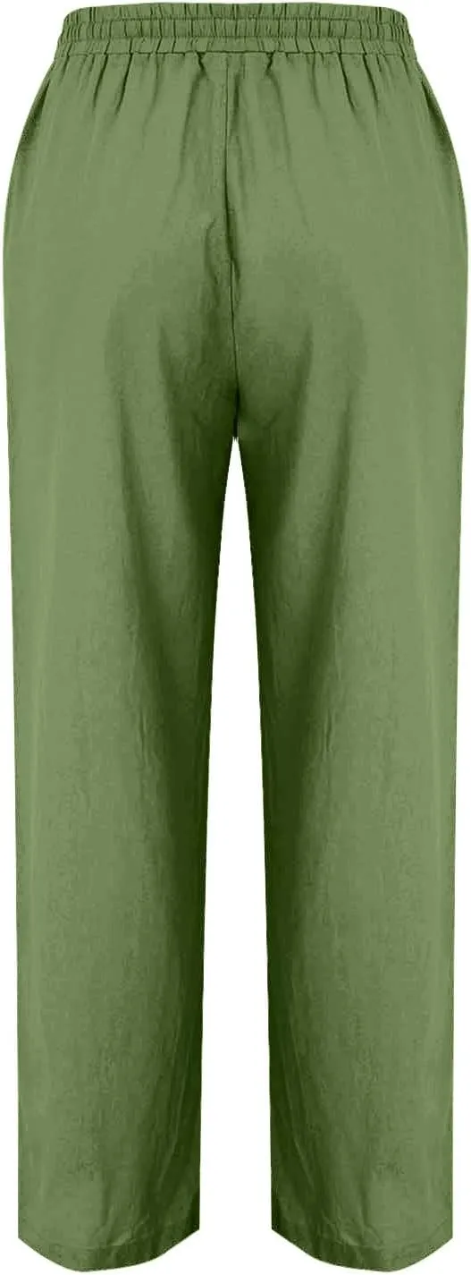Cotton Linen Pant Women Drawstring High Waisted Dress Pants Straight Leg Jogger Sweatpants Summer Beach Slacks Clothes