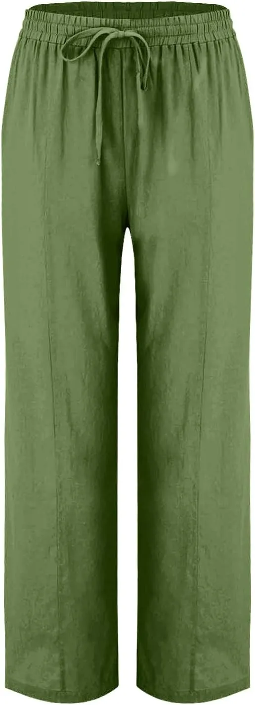 Cotton Linen Pant Women Drawstring High Waisted Dress Pants Straight Leg Jogger Sweatpants Summer Beach Slacks Clothes