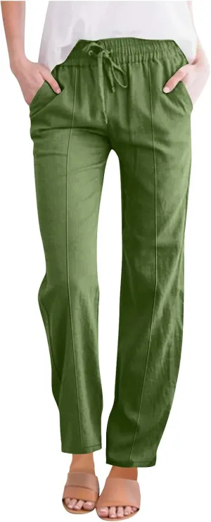 Cotton Linen Pant Women Drawstring High Waisted Dress Pants Straight Leg Jogger Sweatpants Summer Beach Slacks Clothes