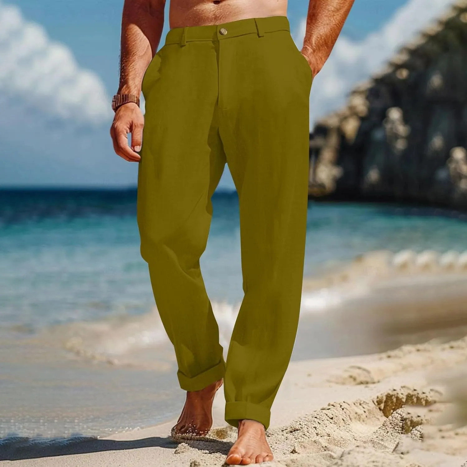 Cotton Linen Pants for Men 2025 Straight Legs Summer Beach Trousers Casual Baggy Loose Fit Yoga Pants with Pocket