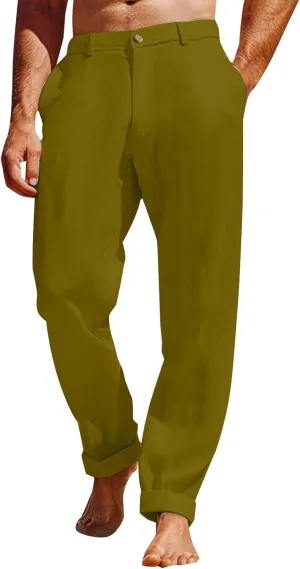 Cotton Linen Pants for Men 2025 Straight Legs Summer Beach Trousers Casual Baggy Loose Fit Yoga Pants with Pocket