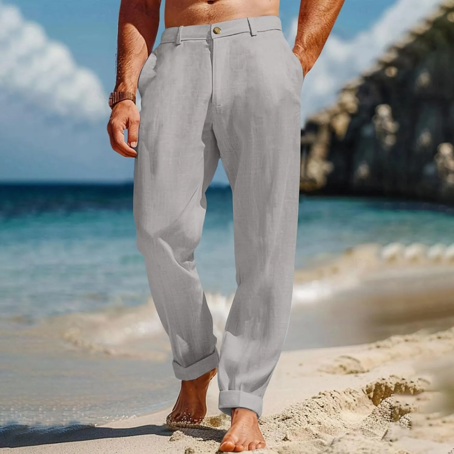 Cotton Linen Pants for Men 2025 Straight Legs Summer Beach Trousers Casual Baggy Loose Fit Yoga Pants with Pocket