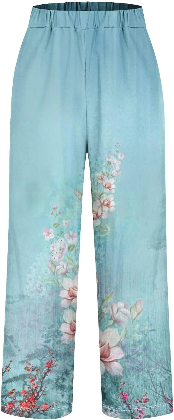 Cotton Linen Pants Women Summer Casual Floral Print Boho Beach Capris Bottoms Lightweight Wide Leg High Waisted Slacks