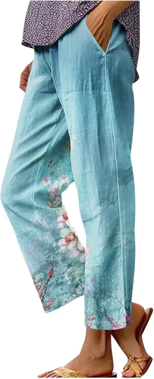 Cotton Linen Pants Women Summer Casual Floral Print Boho Beach Capris Bottoms Lightweight Wide Leg High Waisted Slacks