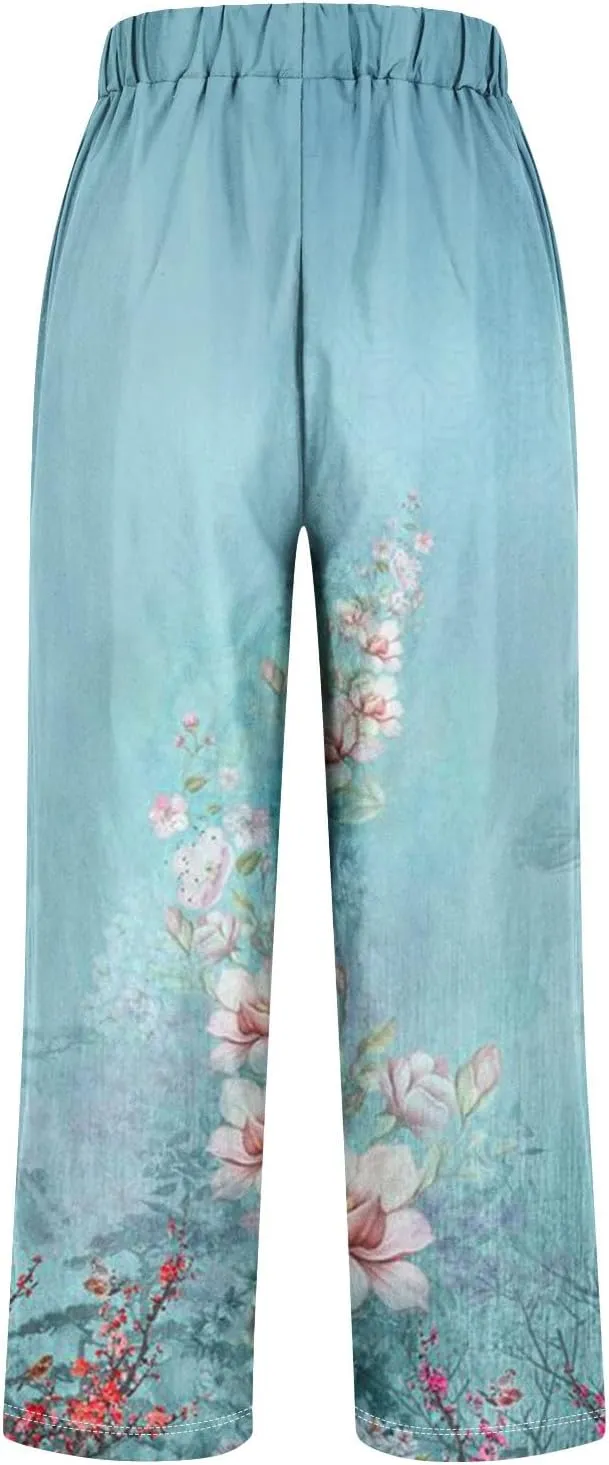 Cotton Linen Pants Women Summer Casual Floral Print Boho Beach Capris Bottoms Lightweight Wide Leg High Waisted Slacks