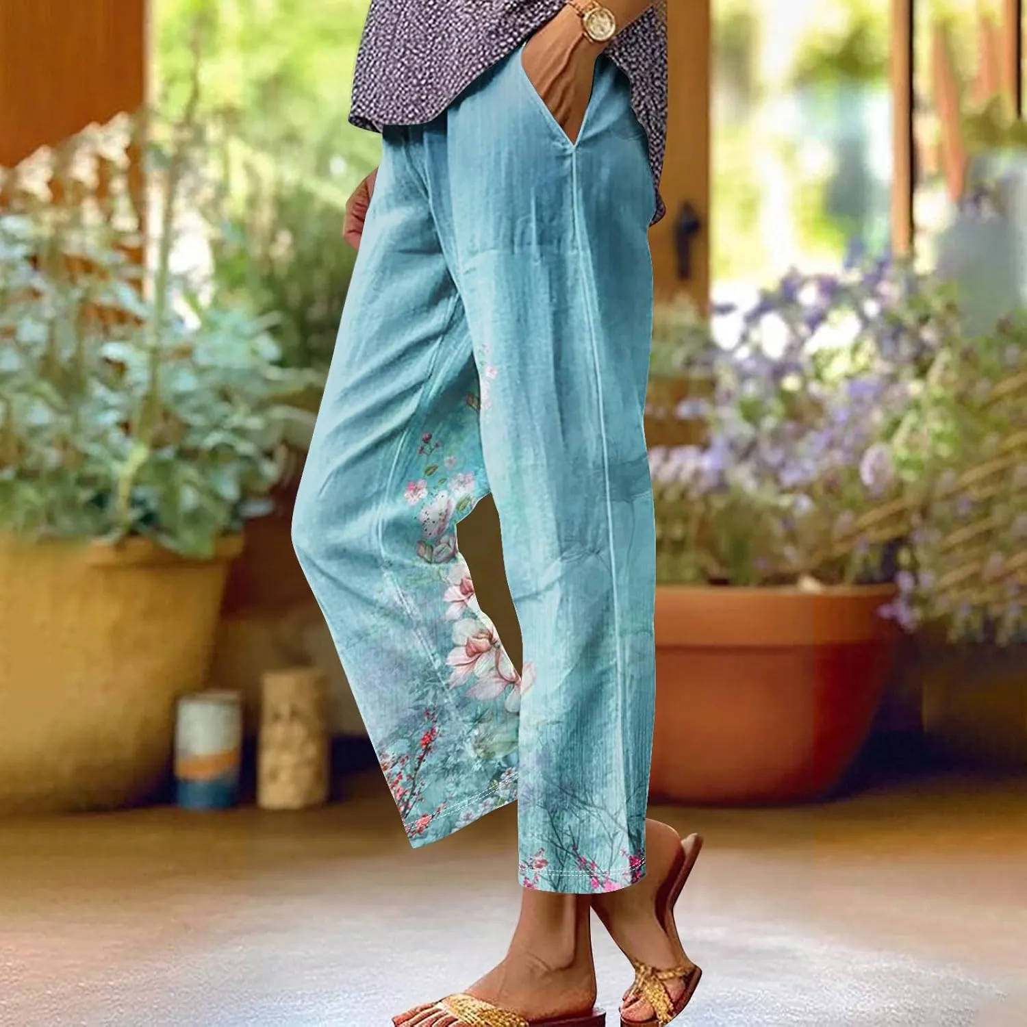 Cotton Linen Pants Women Summer Casual Floral Print Boho Beach Capris Bottoms Lightweight Wide Leg High Waisted Slacks