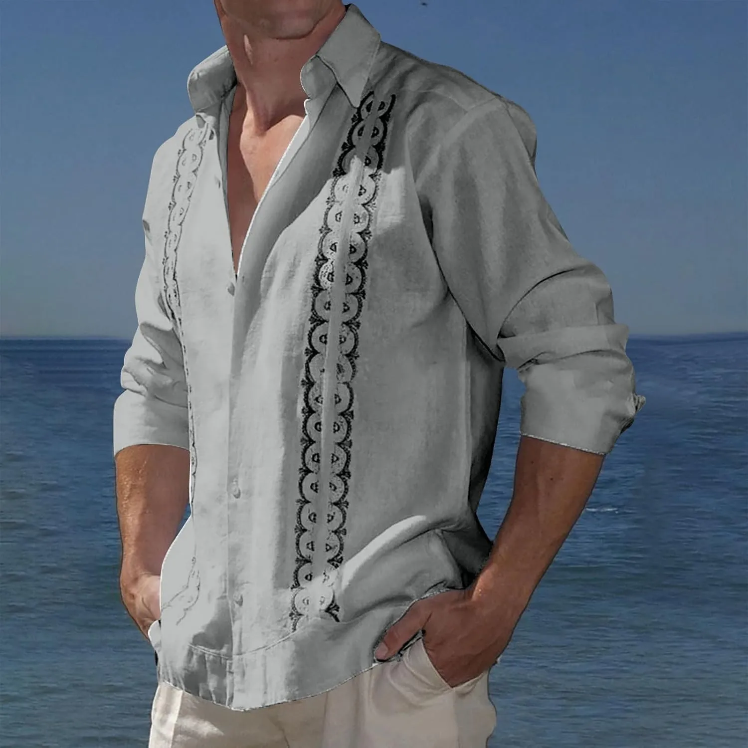 Cotton Linen Shirts for Men Casual Long Sleeve Buttons Down Linen Shirts Summer Lightweight Beach Shirts