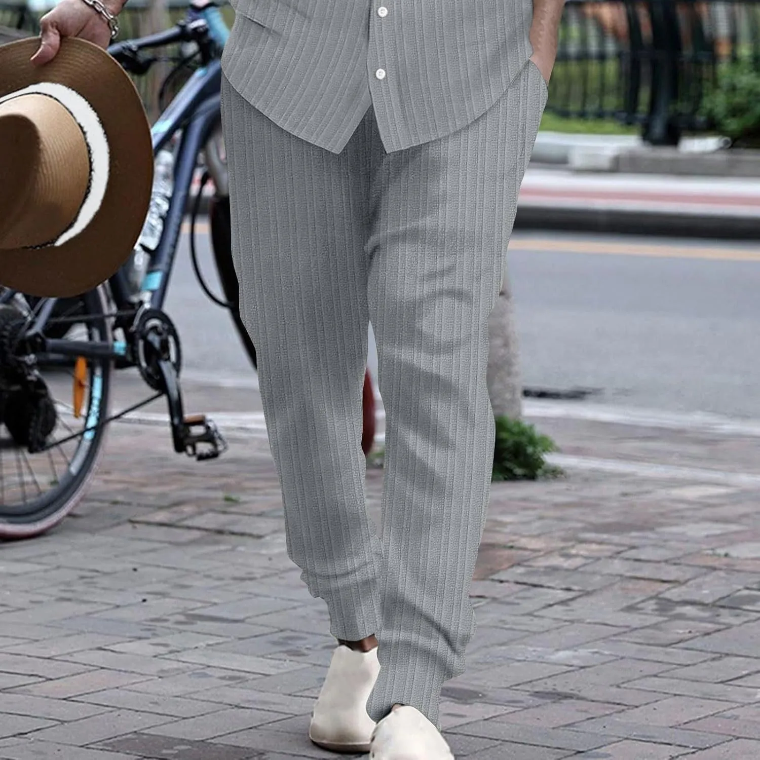 Cotton Stripe Linen Pants Men Dressy Casual Trousers Slim Fit Lounge Pants Trendy Tapered Pants Breathable Pants