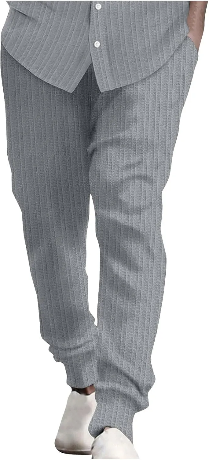 Cotton Stripe Linen Pants Men Dressy Casual Trousers Slim Fit Lounge Pants Trendy Tapered Pants Breathable Pants