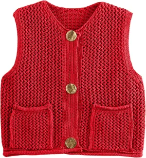 COZYPOIN Women's Sweaters Vest 2025 Button Down Sleeveless Chunky Cropped Knit Cardigan Crochet Tank Tops with Pockets