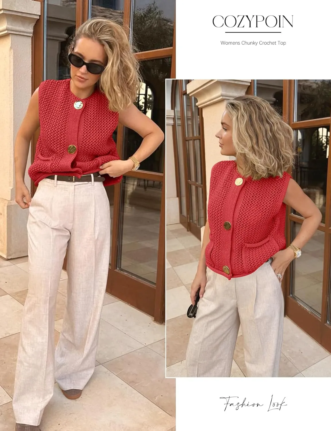 COZYPOIN Women's Sweaters Vest 2025 Button Down Sleeveless Chunky Cropped Knit Cardigan Crochet Tank Tops with Pockets