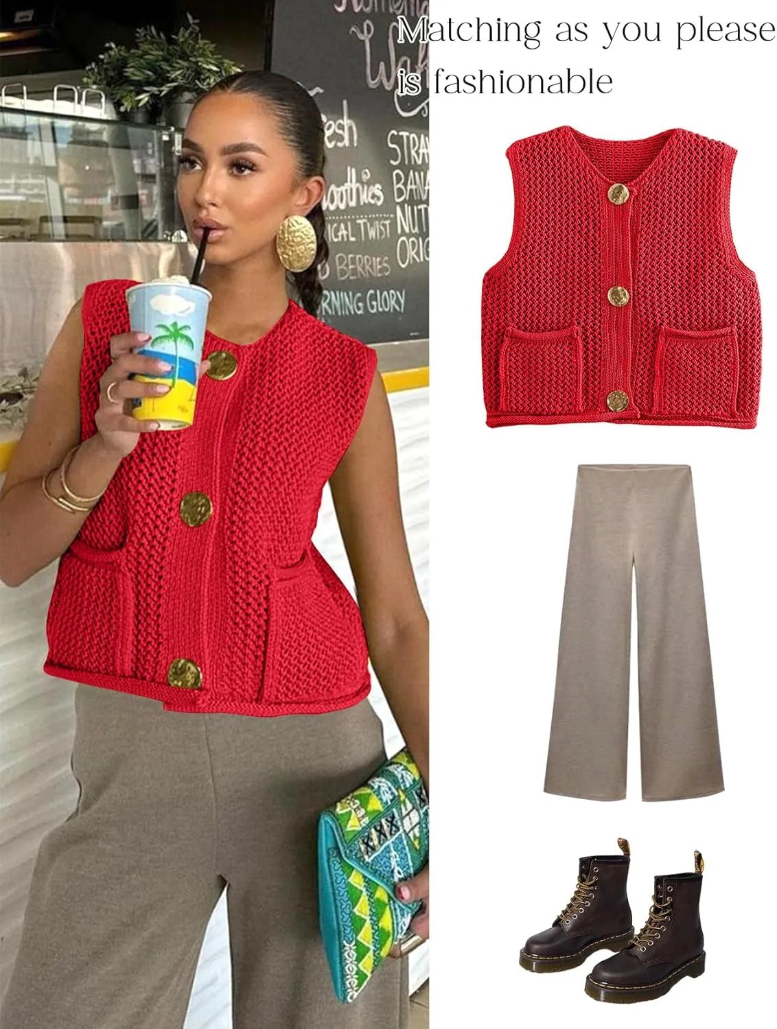 COZYPOIN Women's Sweaters Vest 2025 Button Down Sleeveless Chunky Cropped Knit Cardigan Crochet Tank Tops with Pockets