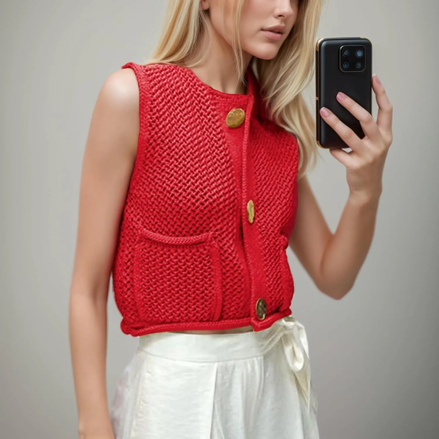COZYPOIN Women's Sweaters Vest 2025 Button Down Sleeveless Chunky Cropped Knit Cardigan Crochet Tank Tops with Pockets