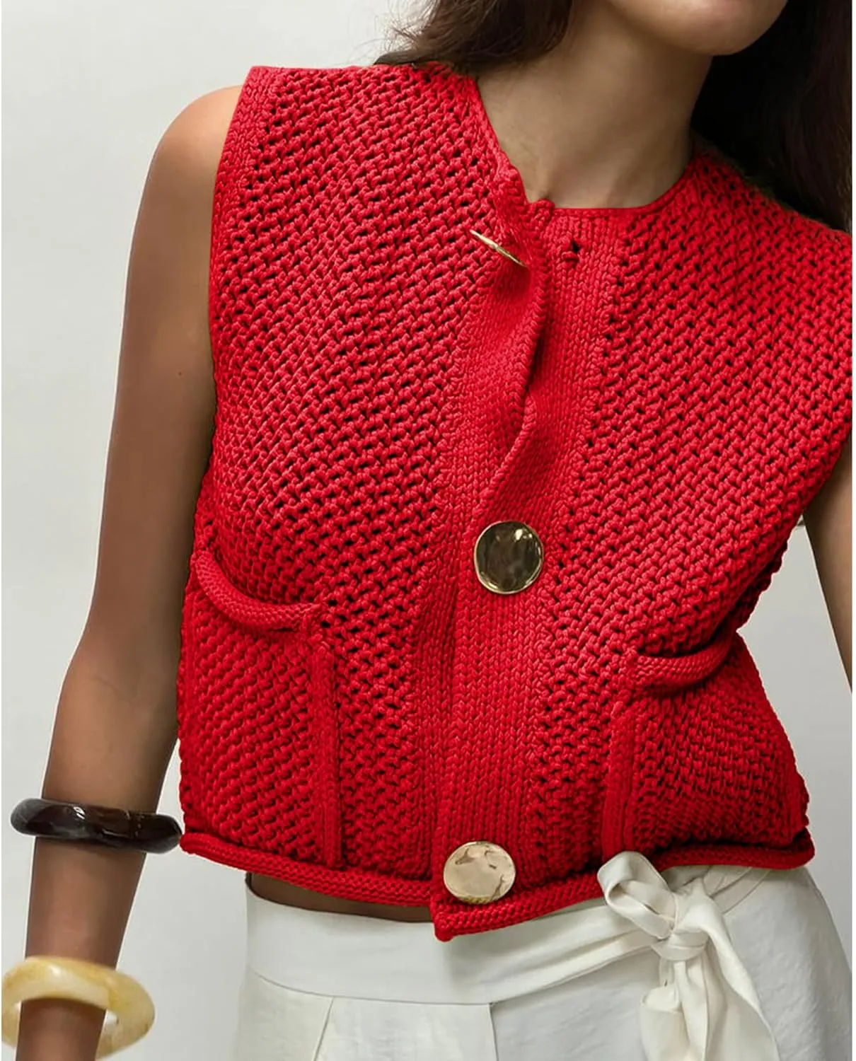 COZYPOIN Women's Sweaters Vest 2025 Button Down Sleeveless Chunky Cropped Knit Cardigan Crochet Tank Tops with Pockets