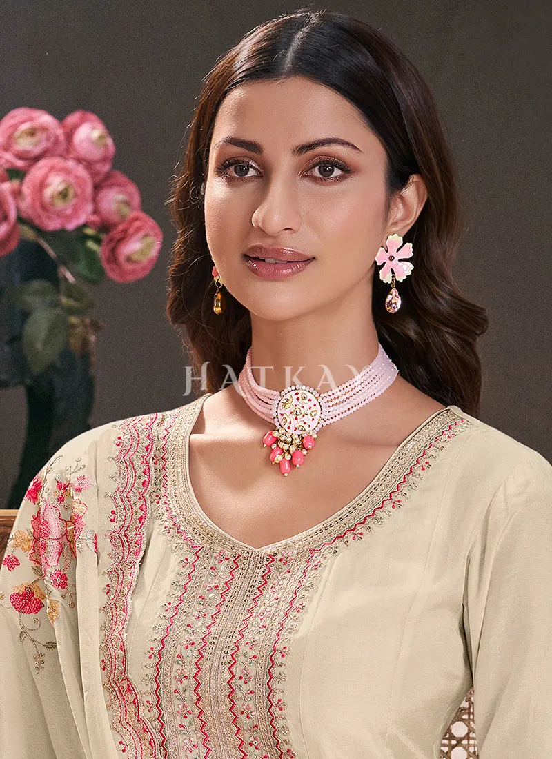Cream Beige Embroidery Anarkali Dress