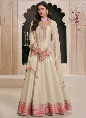 Cream Beige Embroidery Anarkali Dress