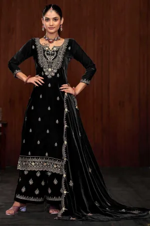 Creative Function Wear Velvet Palazzo Suit In Black Color