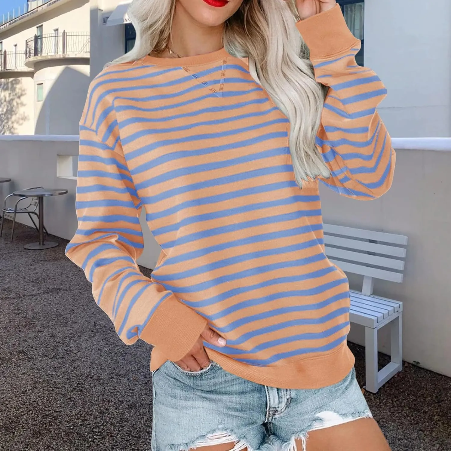Crewneck Sweatshirts Women Colors Block Striped Fall Sweatshirts Comfy Soft Lightweight Pullover Sweaters Tops