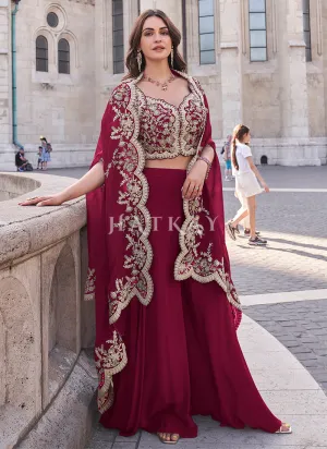 Crimson Embroidered Cape Style Designer Palazzo Suit