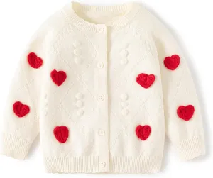 Cute Baby Girls Hearts Knit Cardigan Sweater, Toddler Loose Long Sleeve Shirts Warm Tops for Fall Winter Love Design