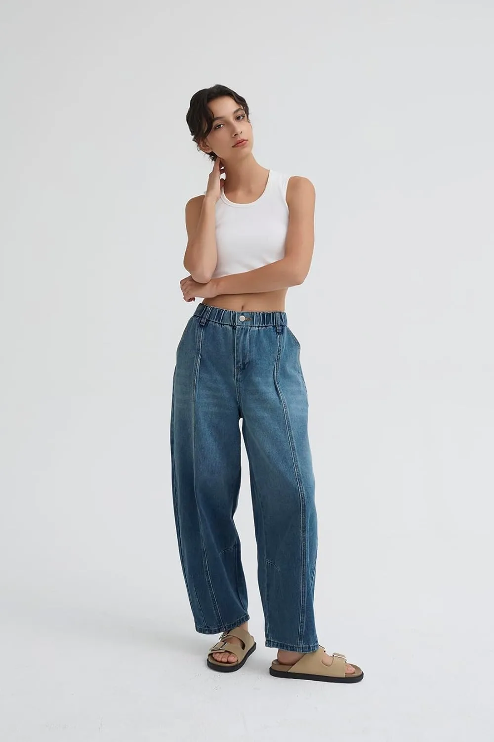 D-Sun Women's Barrel Jeans Elastic Mid Rise Wide Leg Baggy Denim Pants Boyfriend Jeans with Pockets