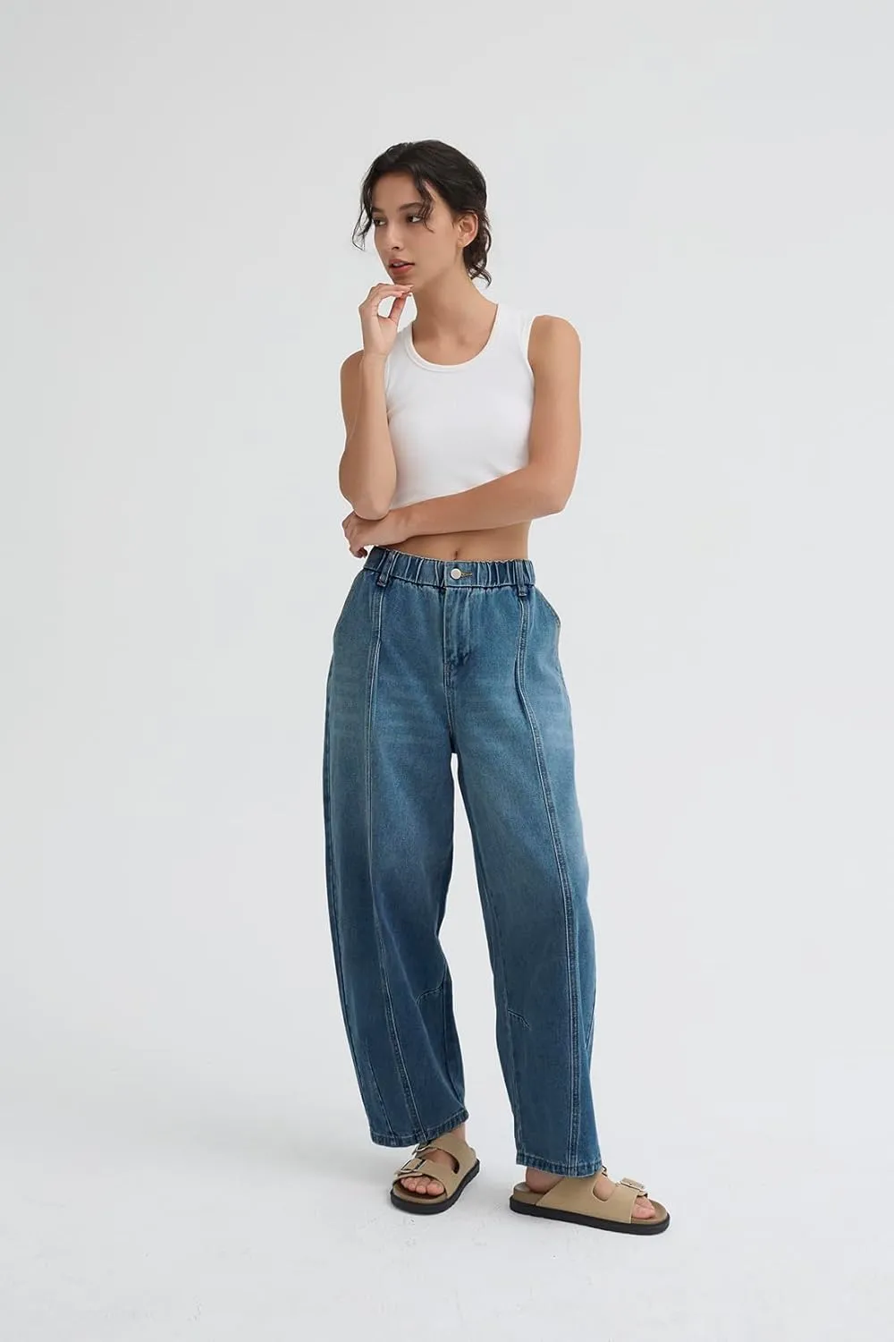 D-Sun Women's Barrel Jeans Elastic Mid Rise Wide Leg Baggy Denim Pants Boyfriend Jeans with Pockets