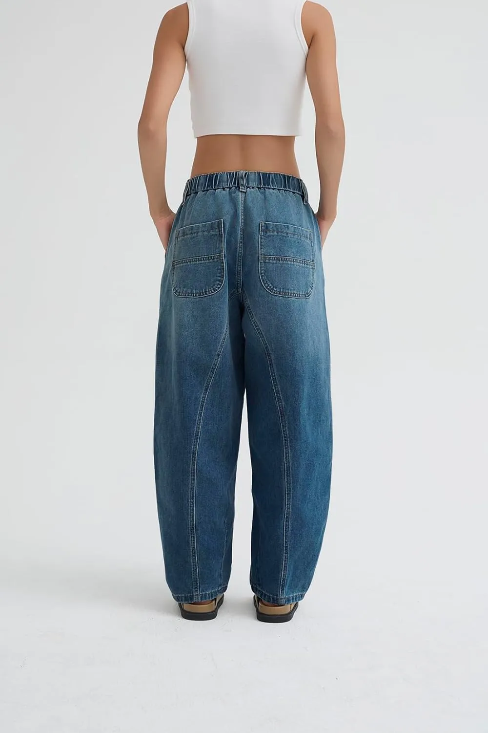 D-Sun Women's Barrel Jeans Elastic Mid Rise Wide Leg Baggy Denim Pants Boyfriend Jeans with Pockets