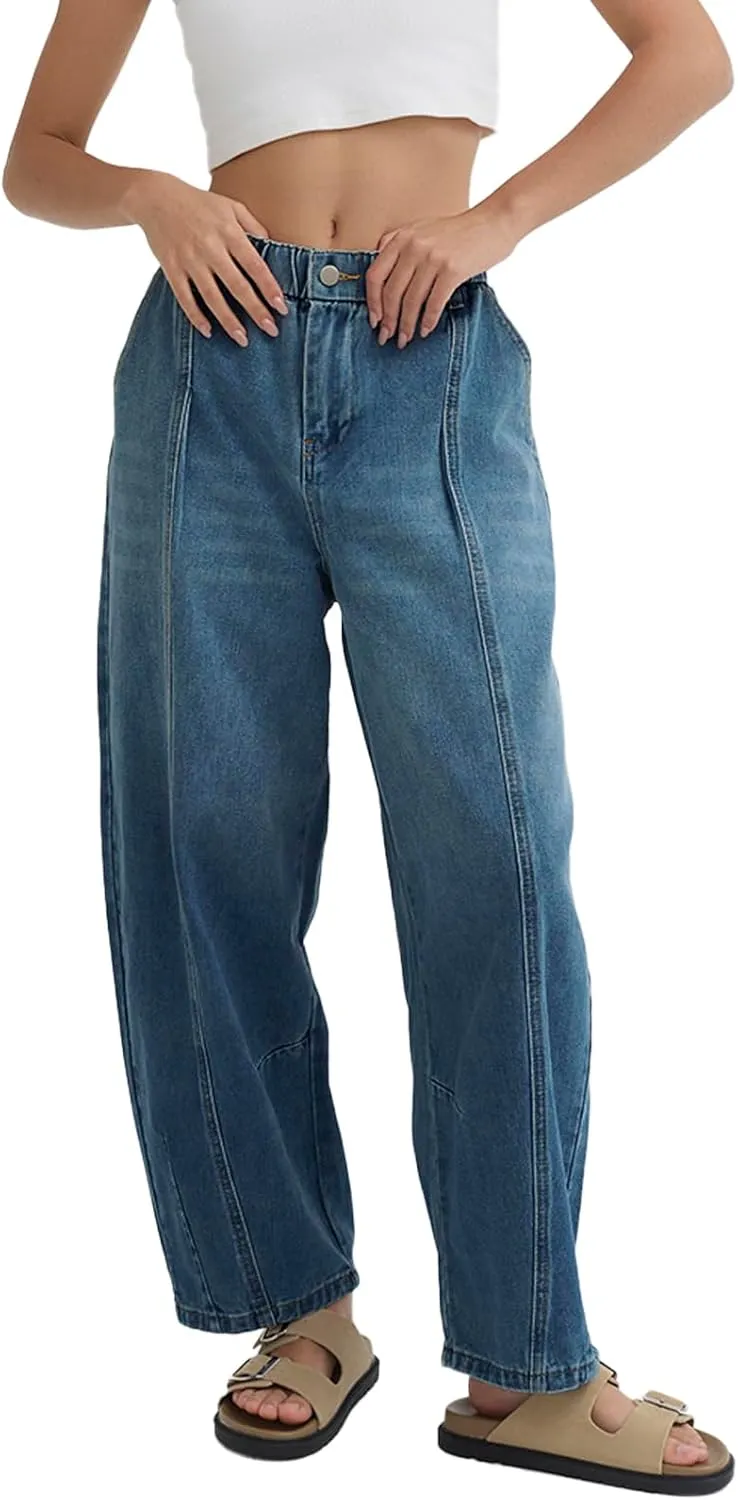 D-Sun Women's Barrel Jeans Elastic Mid Rise Wide Leg Baggy Denim Pants Boyfriend Jeans with Pockets