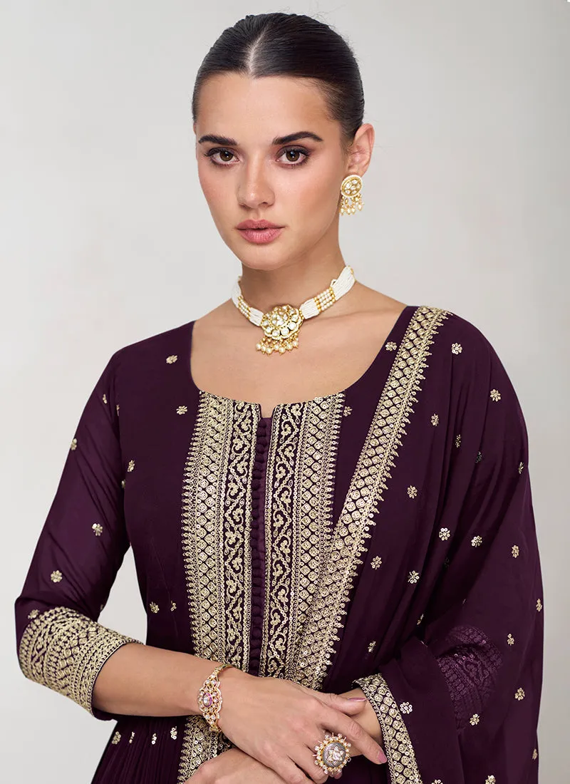 Deep Purple Embroidery Traditional Palazzo Suit