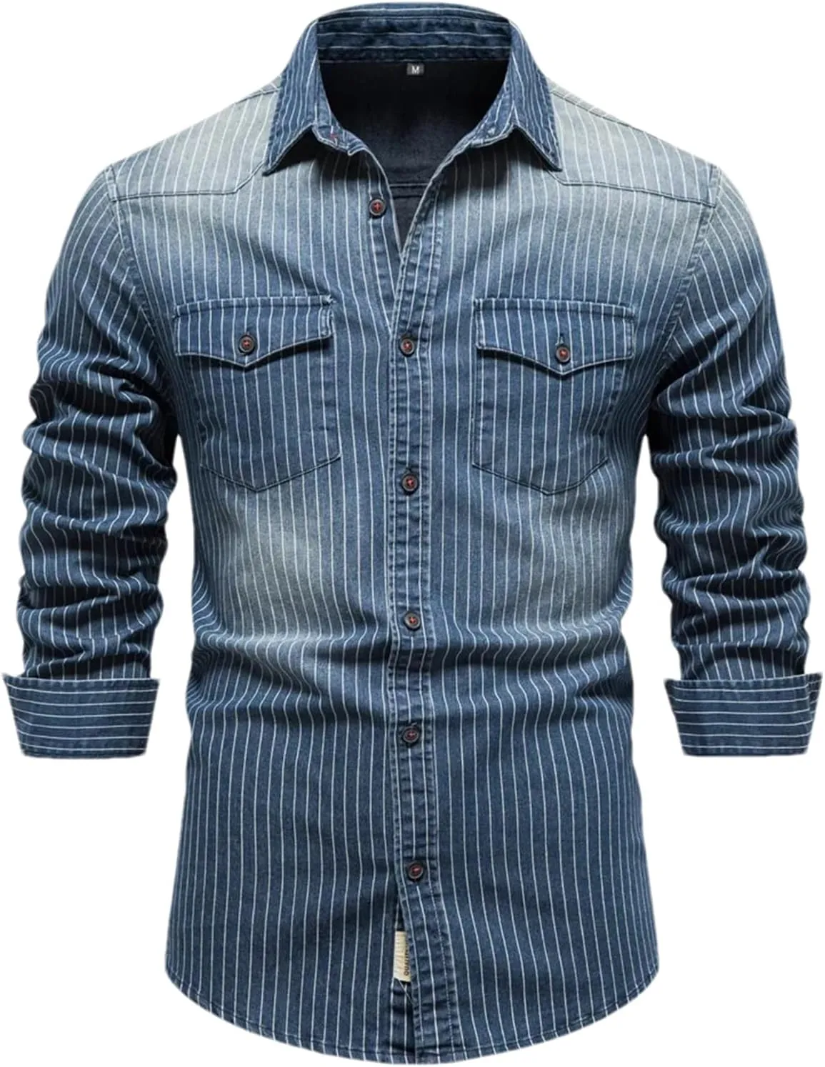Denim Shirts Men Cotton Striped Stretch Long Sleeve Black Cargo Jean Shirt Blouses Casual Slim Cowboy Shirts for Men