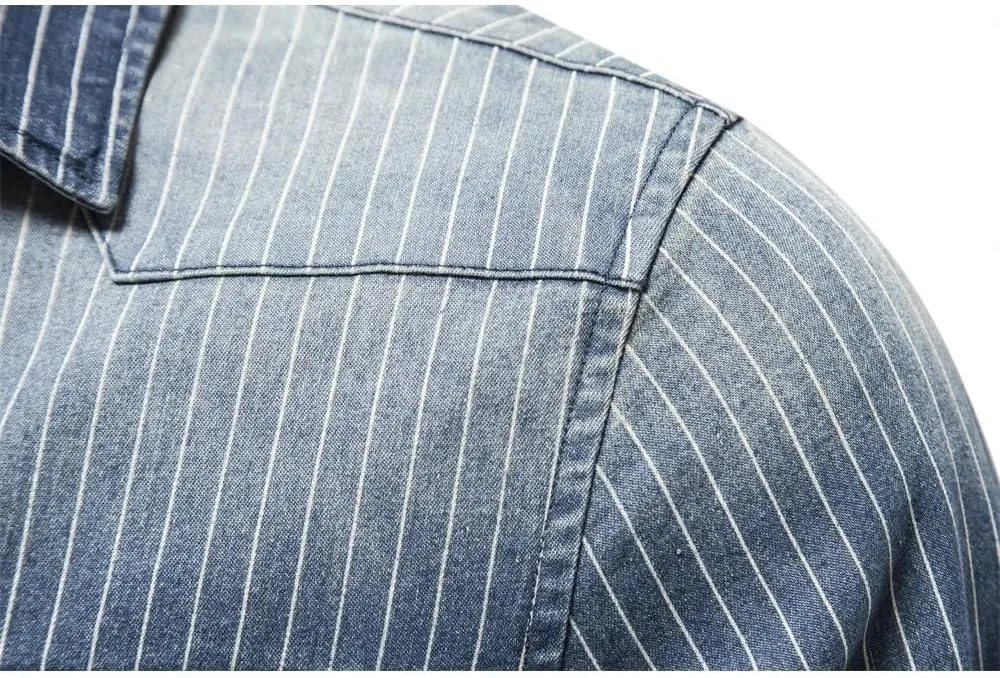 Denim Shirts Men Cotton Striped Stretch Long Sleeve Black Cargo Jean Shirt Blouses Casual Slim Cowboy Shirts for Men