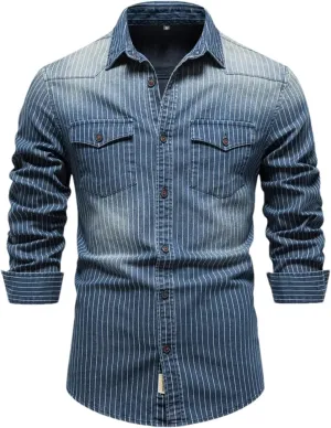 Denim Shirts Men Cotton Striped Stretch Long Sleeve Black Cargo Jean Shirt Blouses Casual Slim Cowboy Shirts for Men