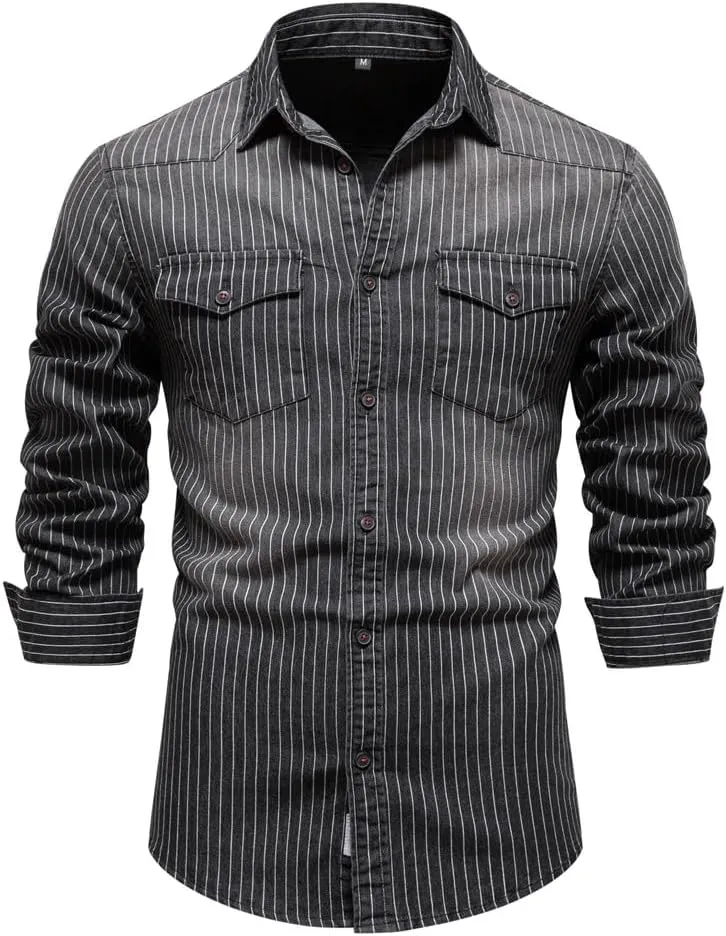 Denim Shirts Men Cotton Striped Stretch Long Sleeve Black Cargo Jean Shirt Blouses Casual Slim Cowboy Shirts for Men