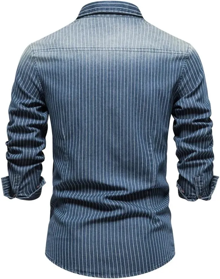 Denim Shirts Men Cotton Striped Stretch Long Sleeve Black Cargo Jean Shirt Blouses Casual Slim Cowboy Shirts for Men