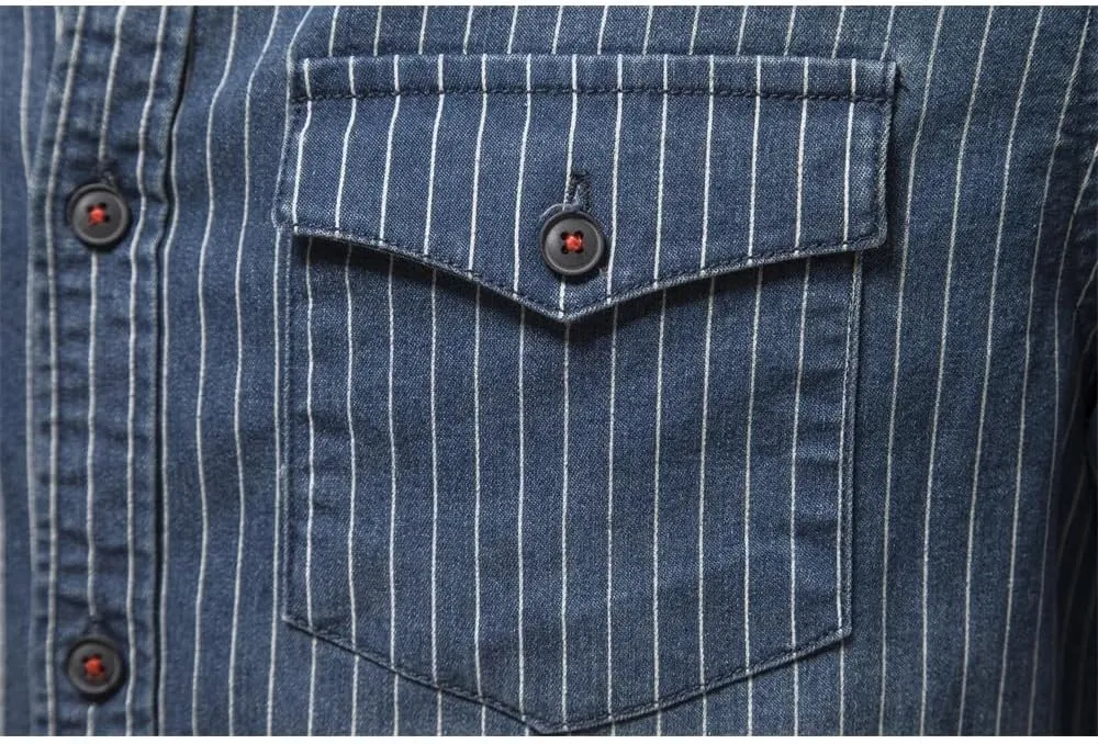 Denim Shirts Men Cotton Striped Stretch Long Sleeve Black Cargo Jean Shirt Blouses Casual Slim Cowboy Shirts for Men