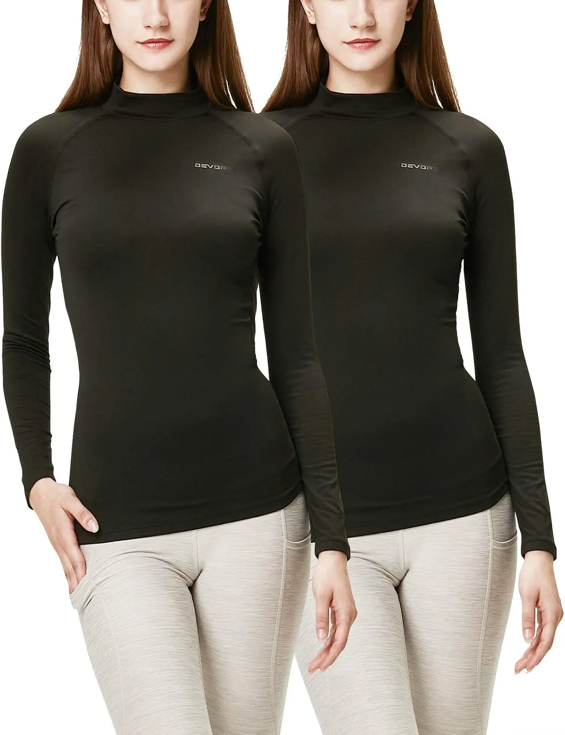 DEVOPS Women's 2 Pack Thermal Turtle Long Sleeve Shirts Compression Baselayer Tops