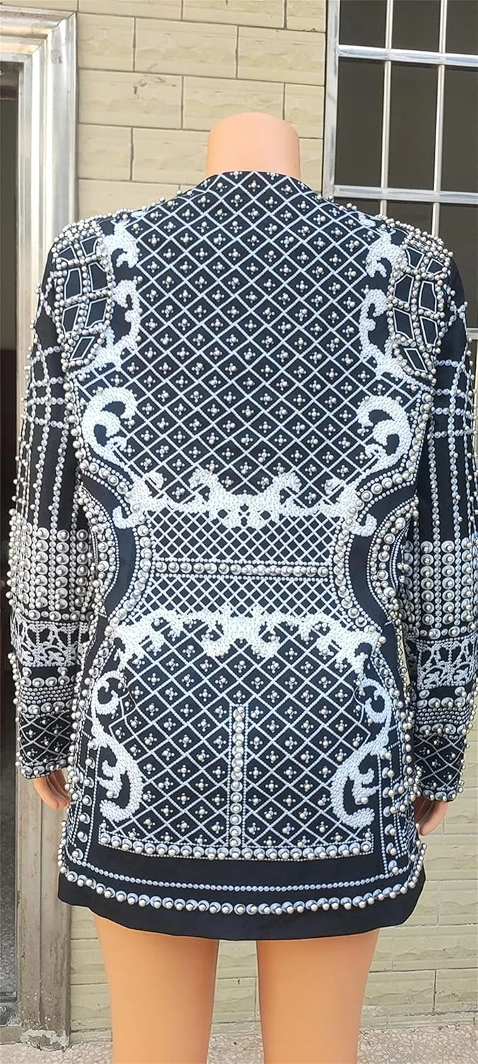 DGHM-JLMY Pearl Rivet Street Style Coat for Women Rivet Studded White Long Jacket Loose Long Sleeve Jacket with Rivet Jacket