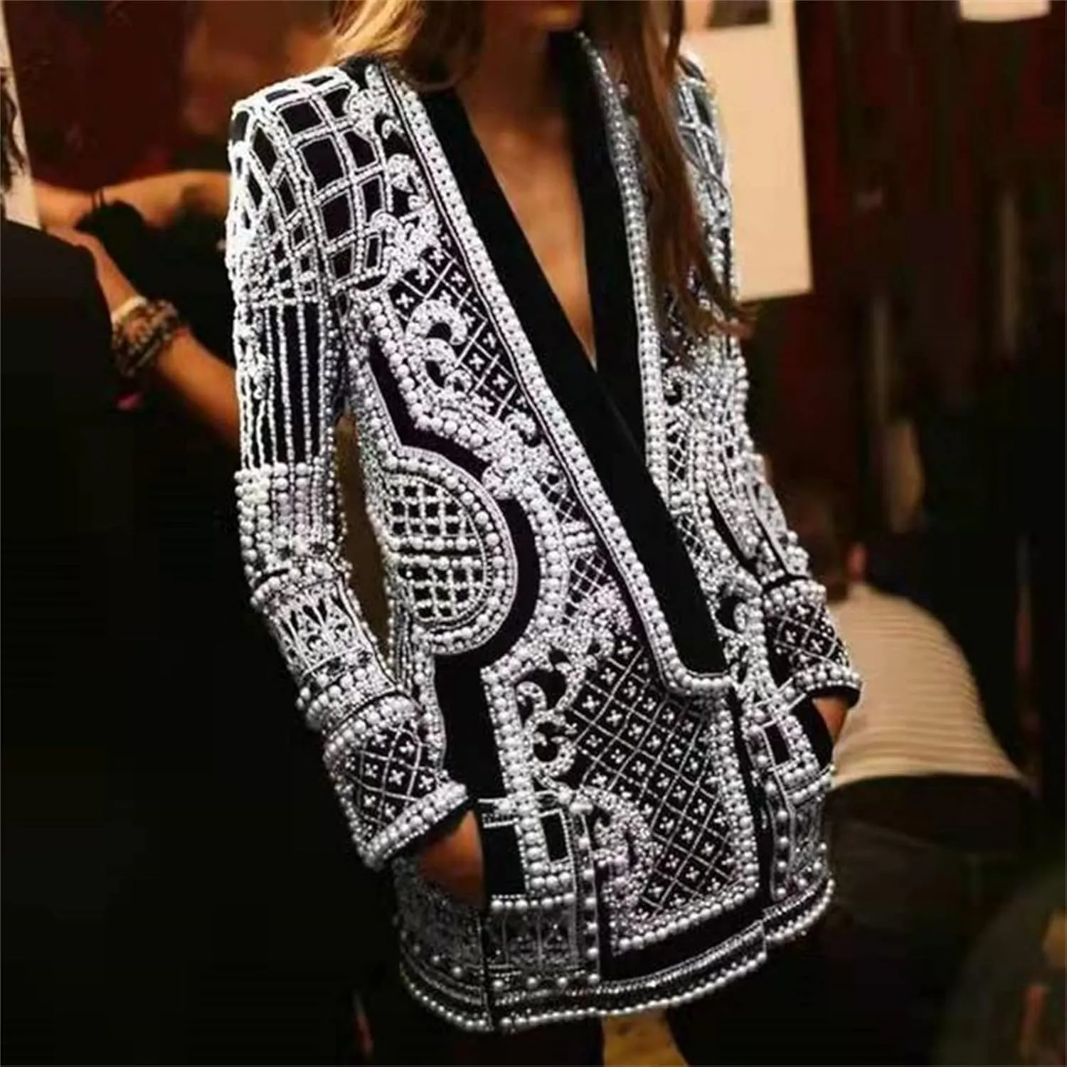 DGHM-JLMY Pearl Rivet Street Style Coat for Women Rivet Studded White Long Jacket Loose Long Sleeve Jacket with Rivet Jacket