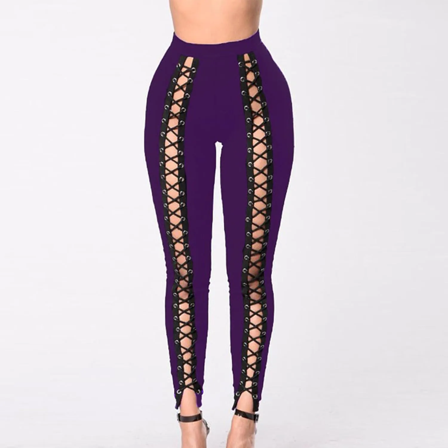 DGHM-JLMY Womens Slim Lace Up Leggings High Waist Bandage Front Lacing Pants Hollow Out Stretch Skinny Narrow Trousers