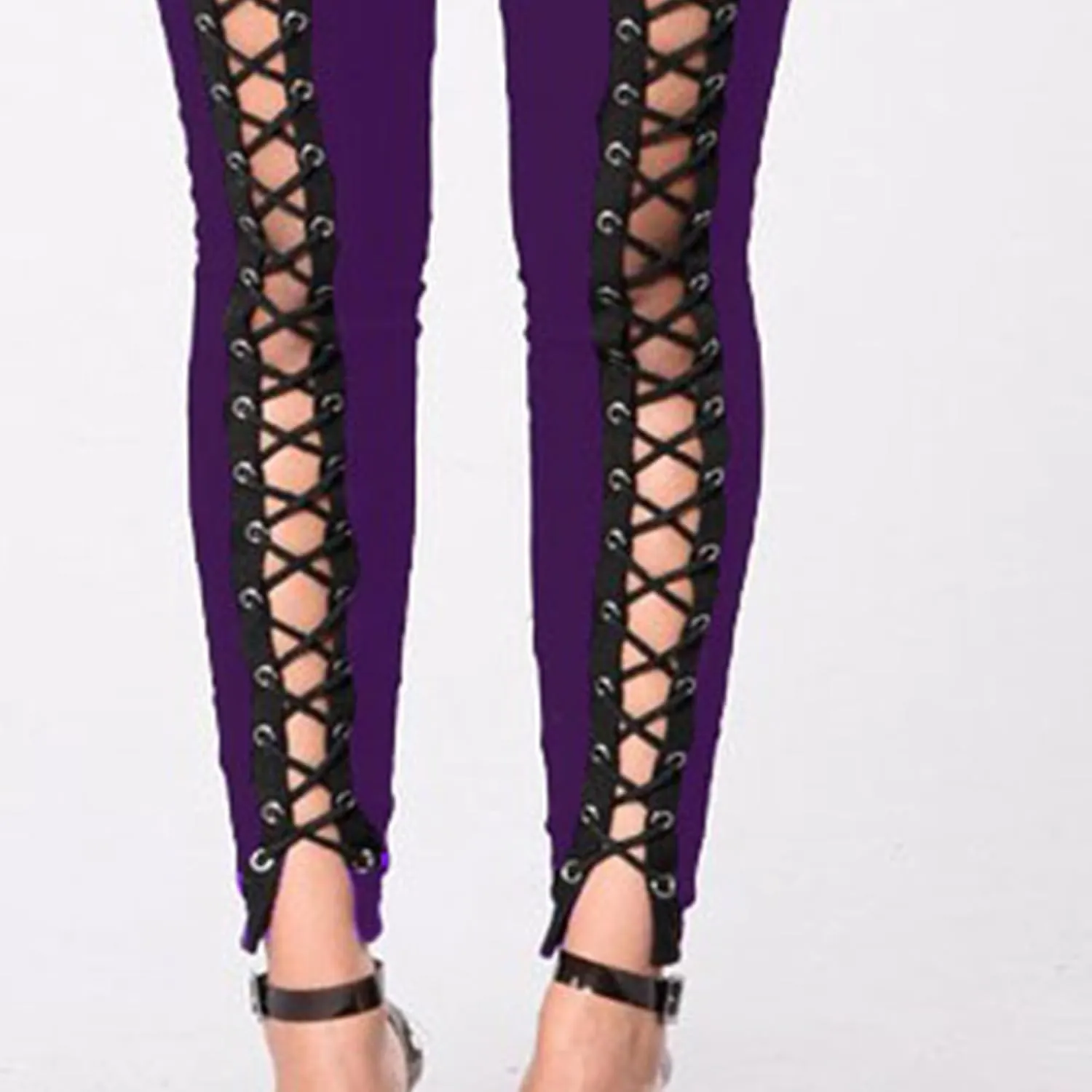 DGHM-JLMY Womens Slim Lace Up Leggings High Waist Bandage Front Lacing Pants Hollow Out Stretch Skinny Narrow Trousers